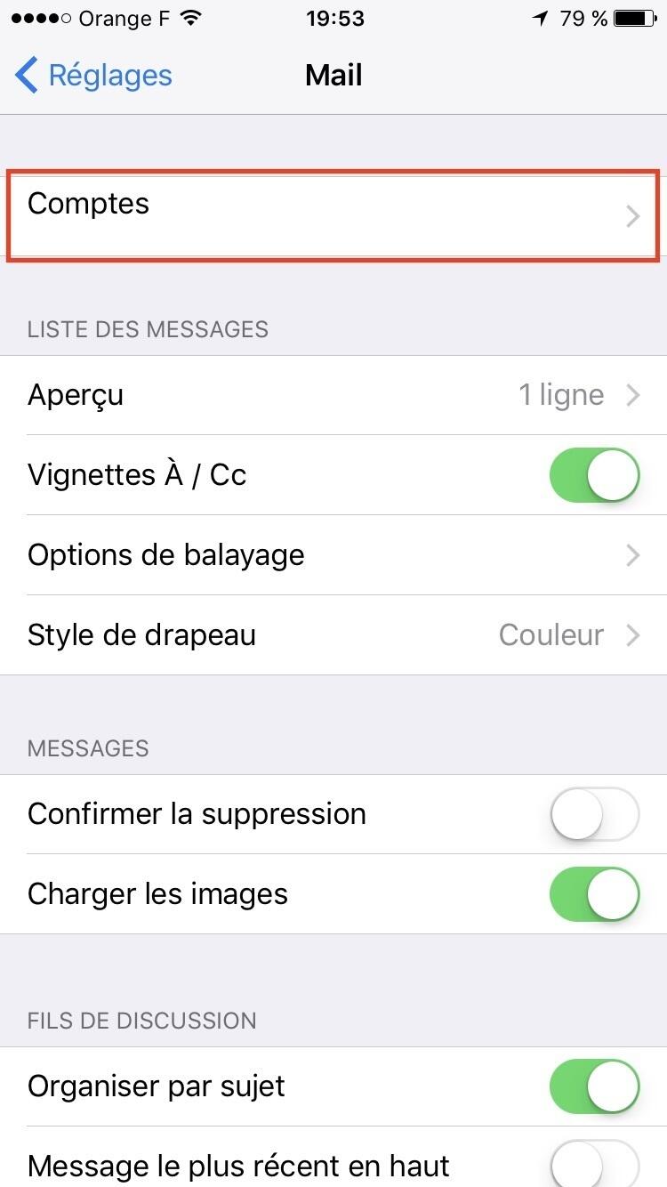 Etape 2 : Menu Comptes sur iPhone Etape 2 : Menu Comptes sur iPhone