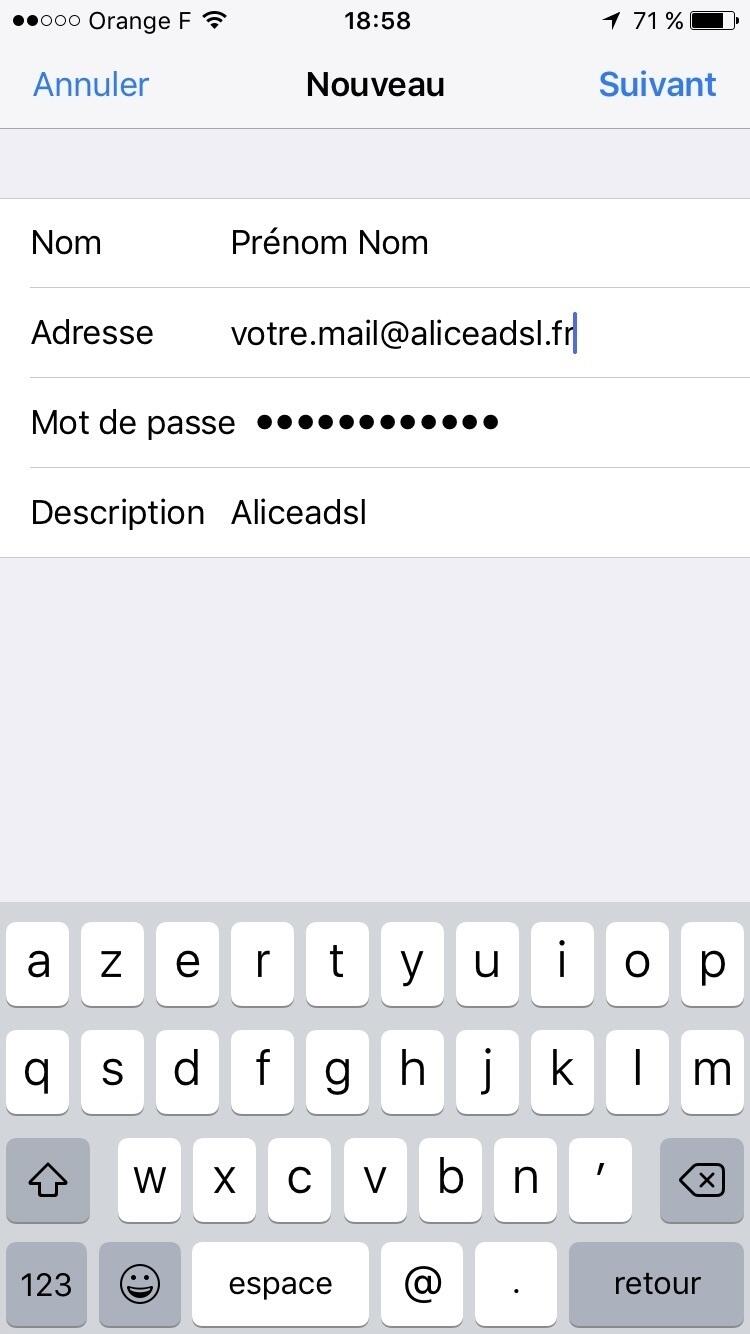 Etape 6 : Ajouter un compte aliceadsl sur iPhone Etape 6 : Ajouter un compte aliceadsl sur iPhone