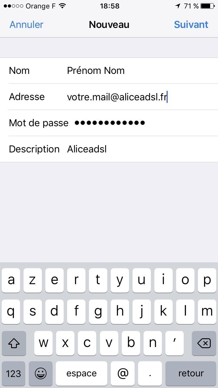 Etape 6 : Ajouter un compte aliceadsl sur iPhone